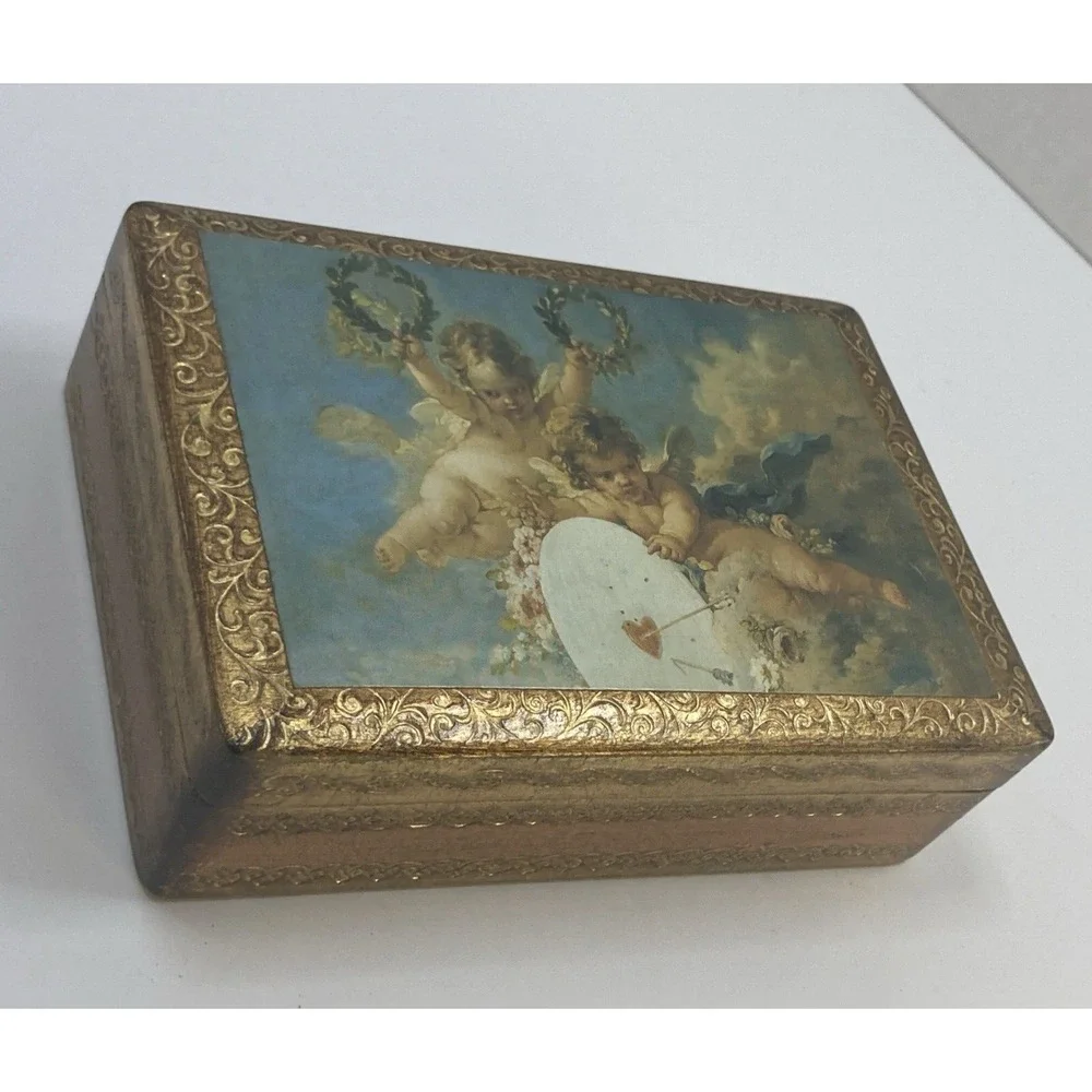 Vtg Handmade Italy Gold‎ Leaf Wood Trinket Box Franceso Boucher 